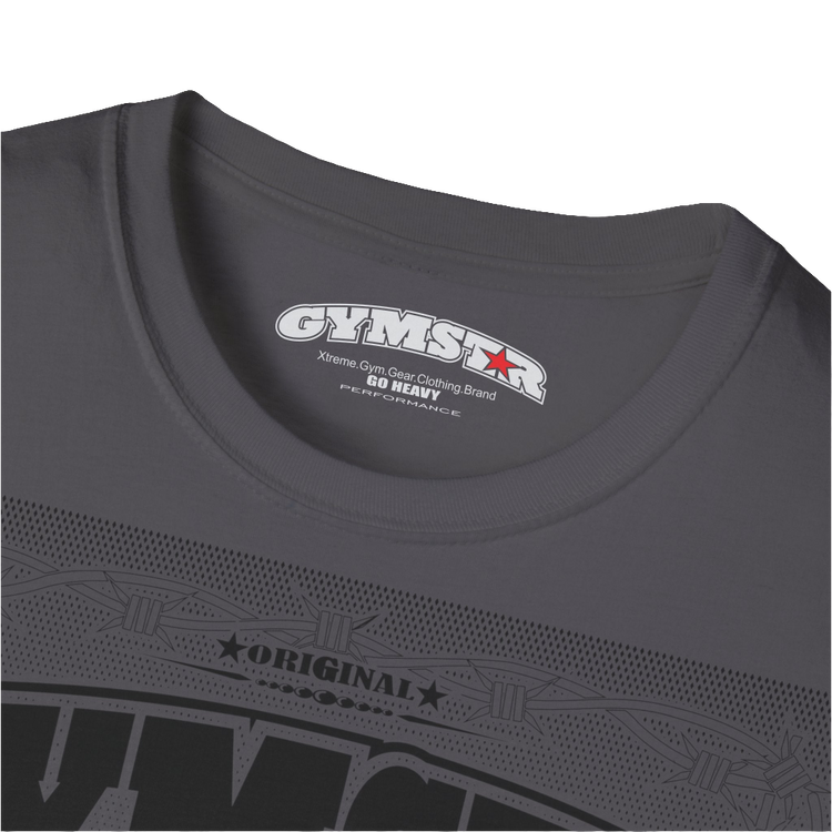 A sport grey Gymstar t-shirt with a graphic print Allwinner in the center, designed for fitness and sports. Front logo close up view.
