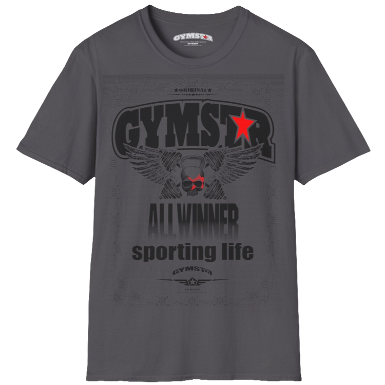 A sport grey Gymstar t-shirt with a graphic print Allwinner in the center, designed for fitness and sports. Front l view.