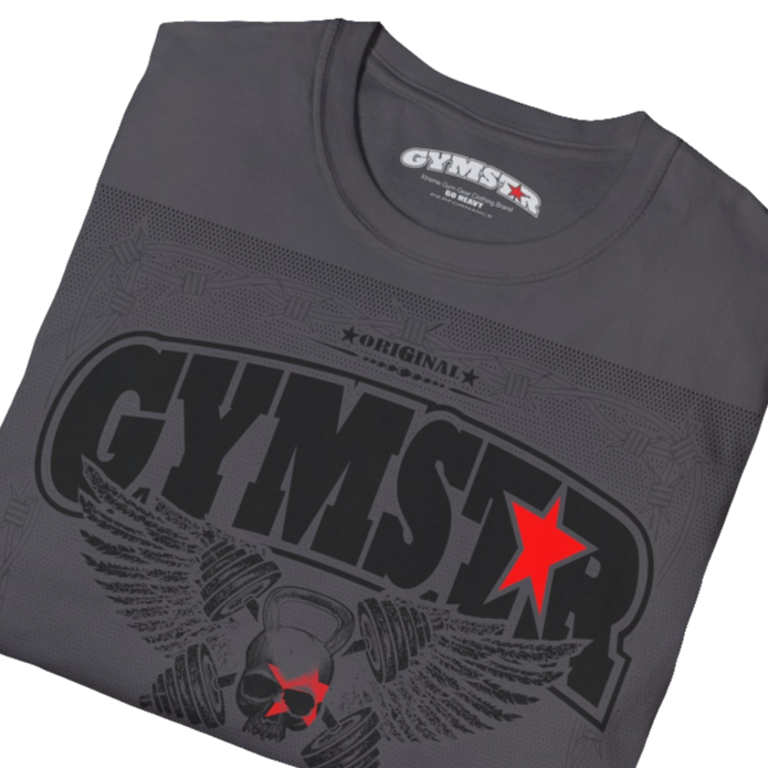 A sport grey Gymstar t-shirt with a graphic print Allwinner in the center, designed for fitness and sports. Front close up view.