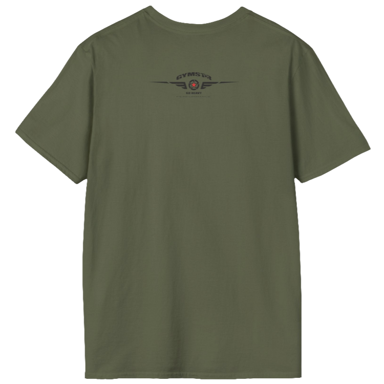 A military green Gymstar t-shirt with a graphic print Allwinner in the center, designed for fitness and sports. Rare logo close up view.