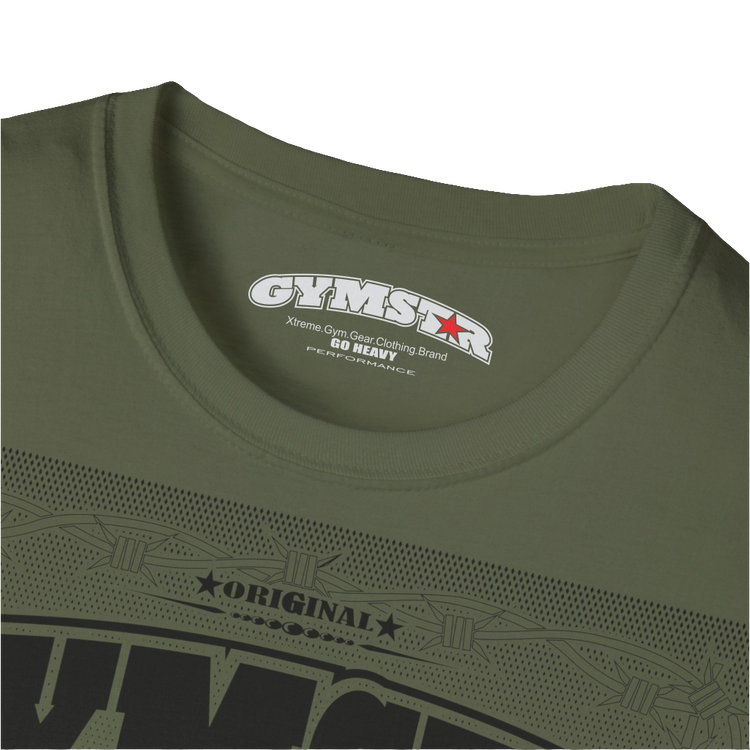 A military green Gymstar t-shirt with a graphic print Allwinner in the center, designed for fitness and sports. Front logo close up view.