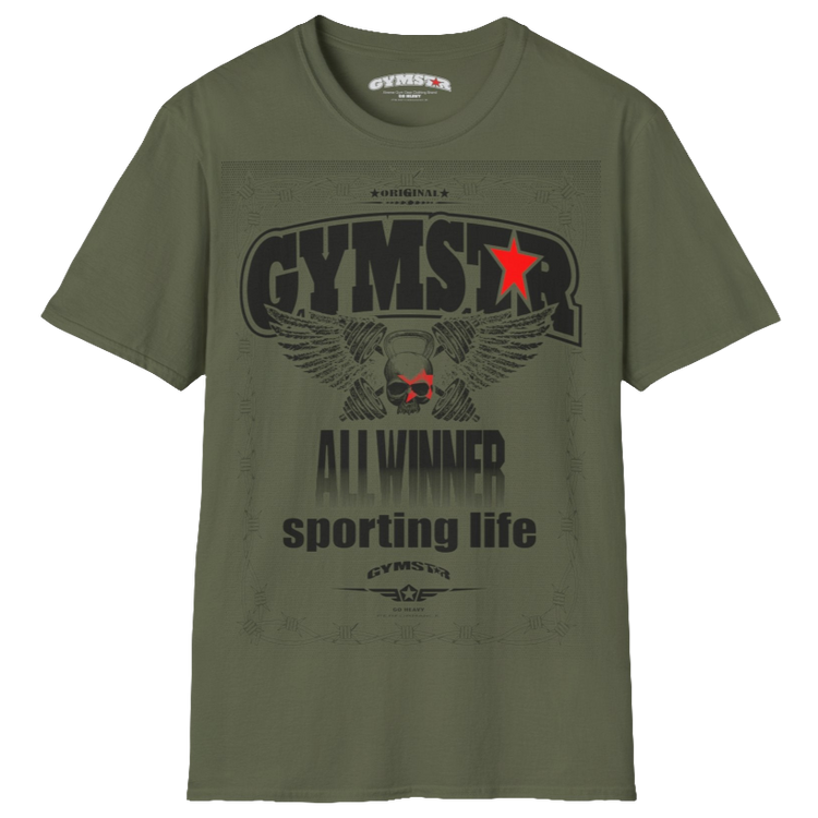 A military green Gymstar t-shirt with a graphic print Allwinner in the center, designed for fitness and sports. Front  view.