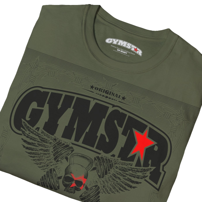 A military green Gymstar t-shirt with a graphic print Allwinner in the center, designed for fitness and sports. Front close up view.