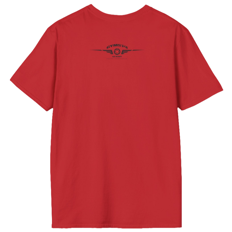 A red Gymstar t-shirt with a graphic print Allwinner in the center, designed for fitness and sports. rare logo close up view.