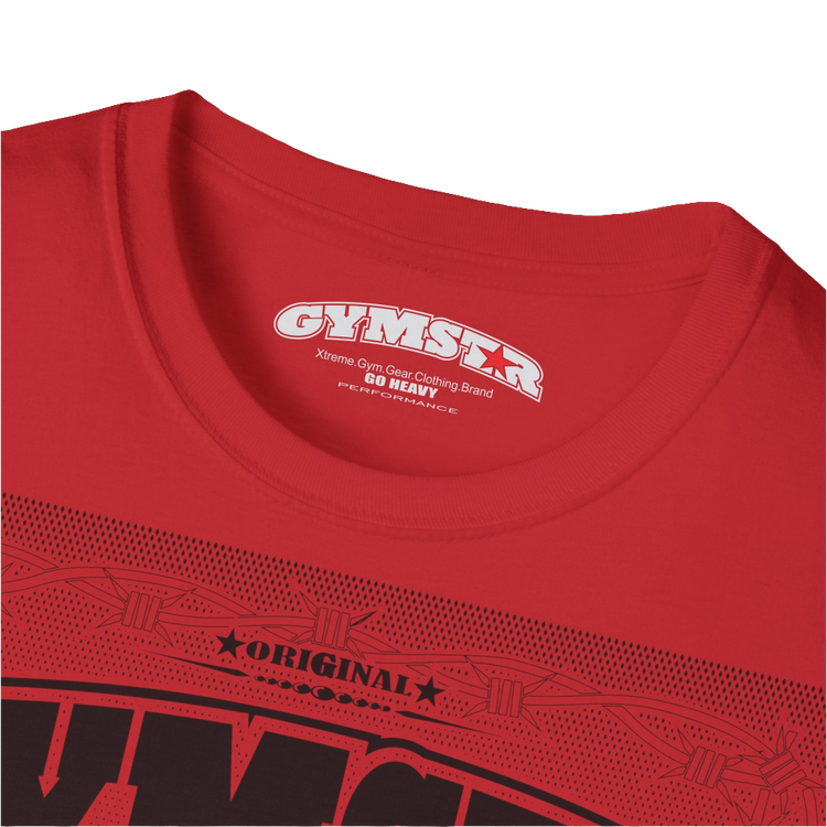 A red Gymstar t-shirt with a graphic print Allwinner in the center, designed for fitness and sports. Front logo close up view.
