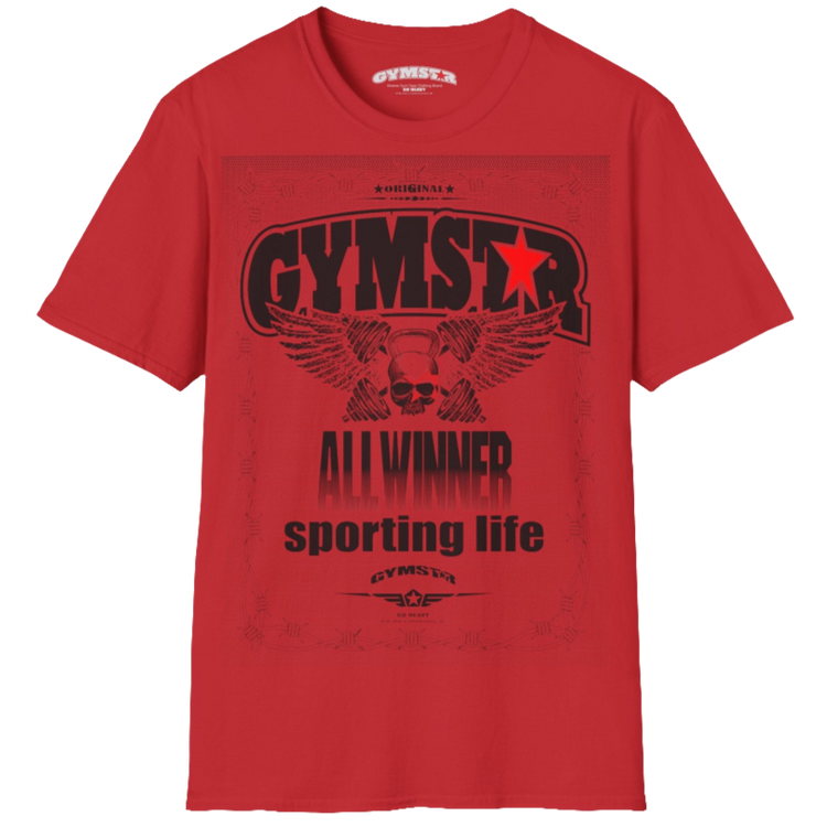 A pink Gymstar t-shirt with a graphic print Allwinner in the center, designed for fitness and sports. Front view.