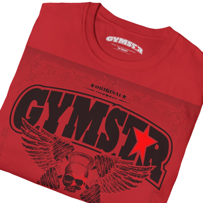 A red Gymstar t-shirt with a graphic print Allwinner in the center, designed for fitness and sports. Front  close up view.