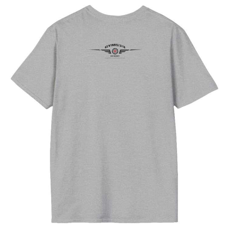 A silver grey Gymstar t-shirt with a graphic print Allwinner in the center, designed for fitness and sports. Rare  view.