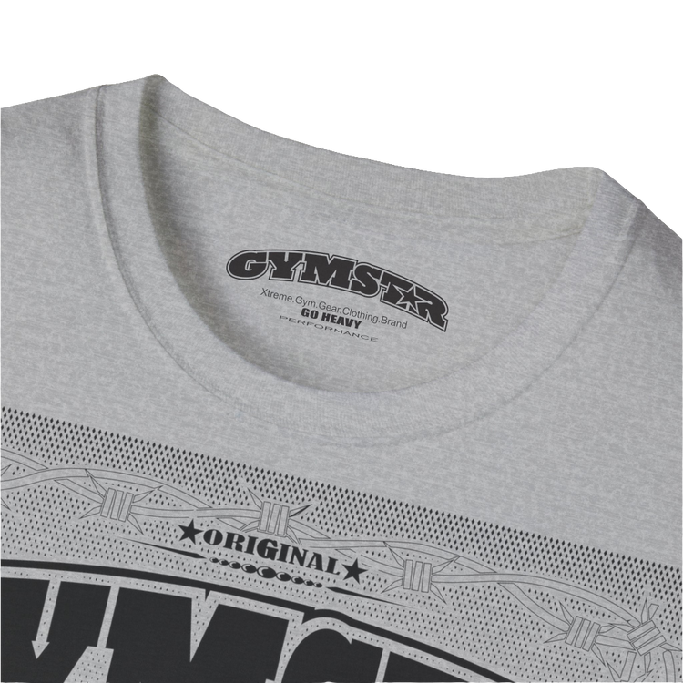 A silver grey Gymstar t-shirt with a graphic print Allwinner in the center, designed for fitness and sports. Front  logo close up view.