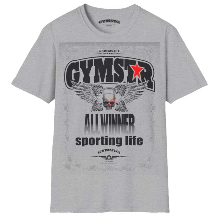 A silver grey Gymstar t-shirt with a graphic print Allwinner in the center, designed for fitness and sports. Front  view.