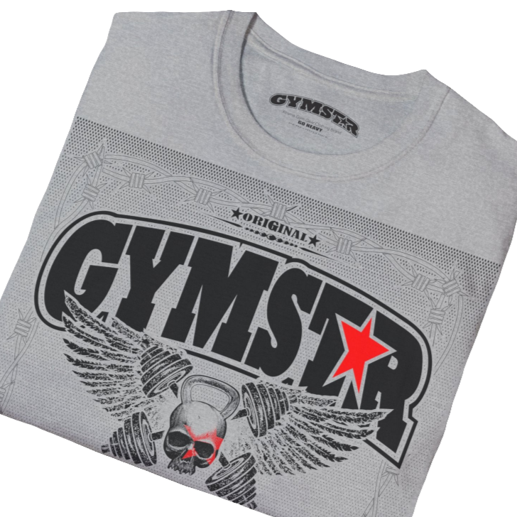 A silver grey Gymstar t-shirt with a graphic print Allwinner in the center, designed for fitness and sports. Front   close up view.