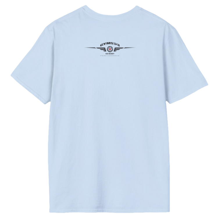 A light blue Gymstar t-shirt with a graphic print Allwinner in the center, designed for fitness and sports. Rare logo close up view.