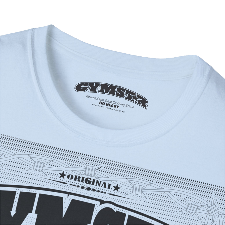 A light blue Gymstar t-shirt with a graphic print Allwinner in the center, designed for fitness and sports. Front logo close up view.
