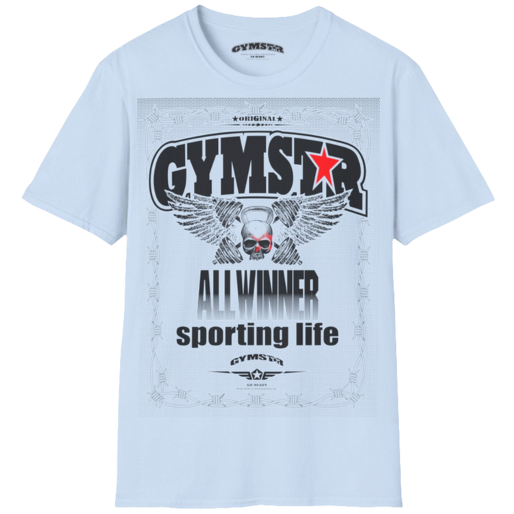 A light blue Gymstar t-shirt with a graphic print Allwinner in the center, designed for fitness and sports. Front  view.
