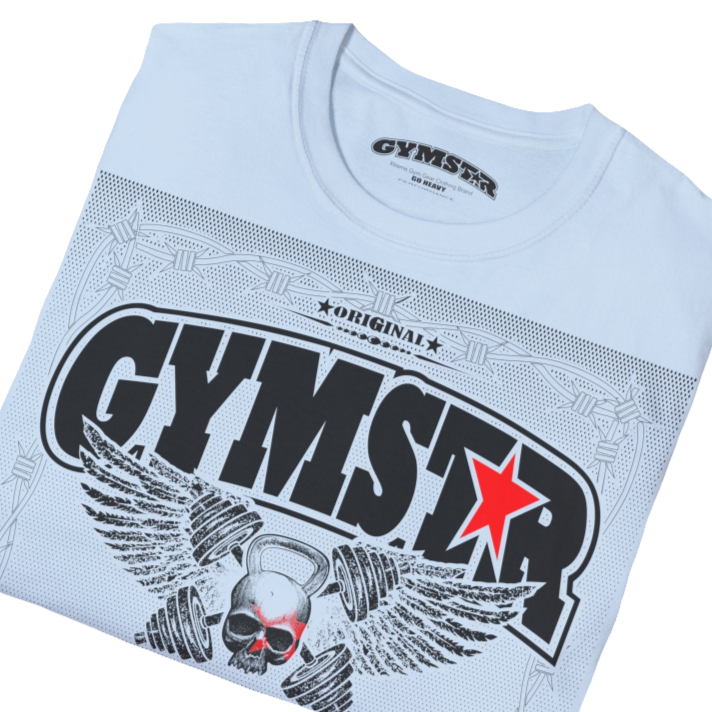 A light blue Gymstar t-shirt with a graphic print Allwinner in the center, designed for fitness and sports. Front  close up view.