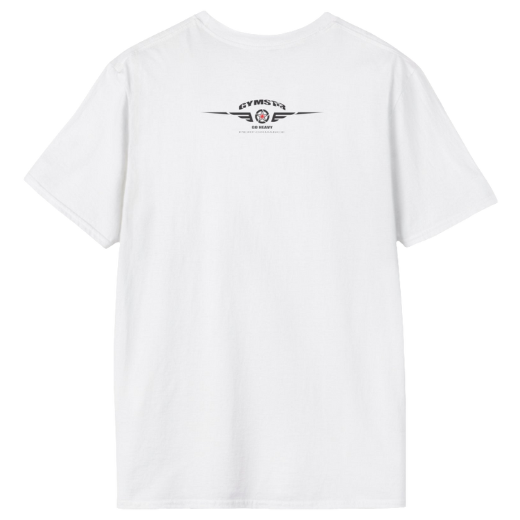 A white Gymstar t-shirt with a graphic print Allwinner in the center, designed for fitness and sports. Rare  logo close up view.