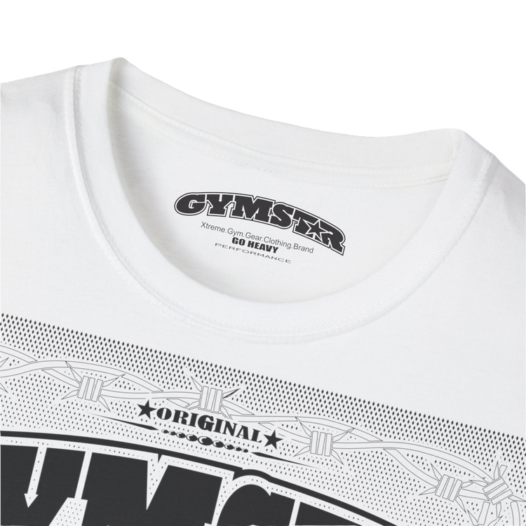 A white Gymstar t-shirt with a graphic print Allwinner in the center, designed for fitness and sports. Front logo close up view.