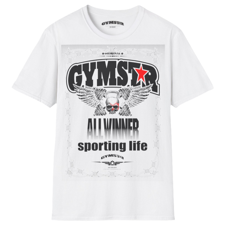 A white Gymstar t-shirt with a graphic print Allwinner in the center, designed for fitness and sports. Front  view.