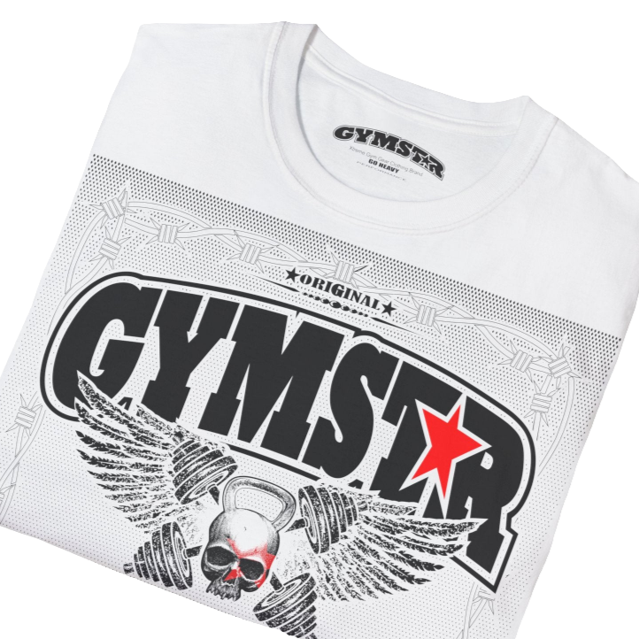 A white Gymstar t-shirt with a graphic print Allwinner in the center, designed for fitness and sports. Front  close up view.