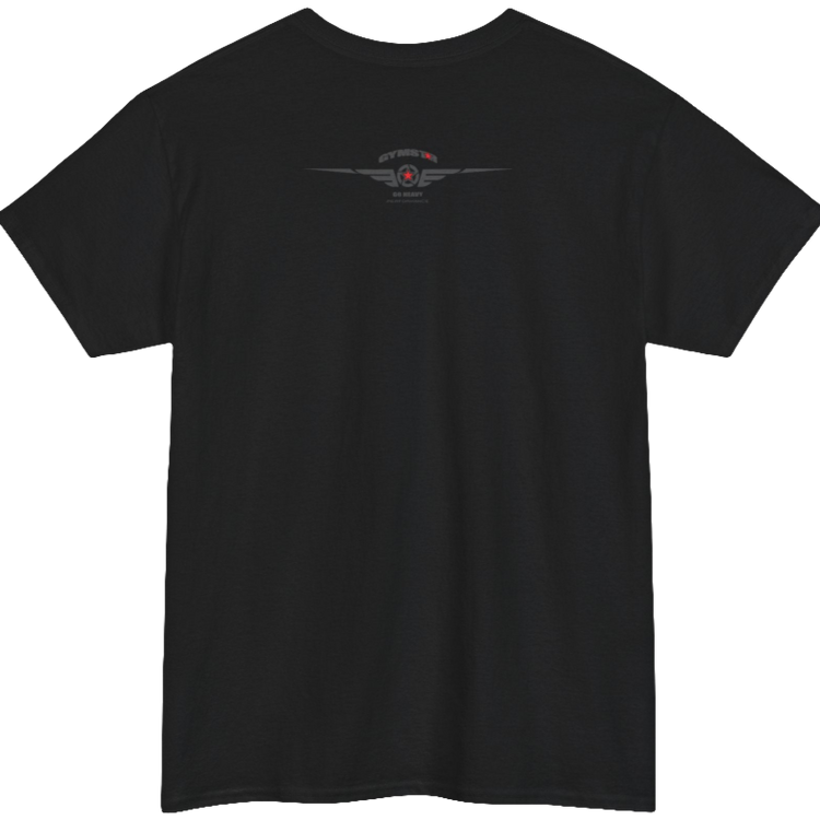 A black Gymstar t-shirt with the text 'GYM' printed on the front, along with graphics of a weightlifter and dumbbells. Rear view.