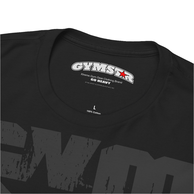 A black Gymstar t-shirt with the text 'GYM' printed on the front, along with graphics of a weightlifter and dumbbells. Close up view.