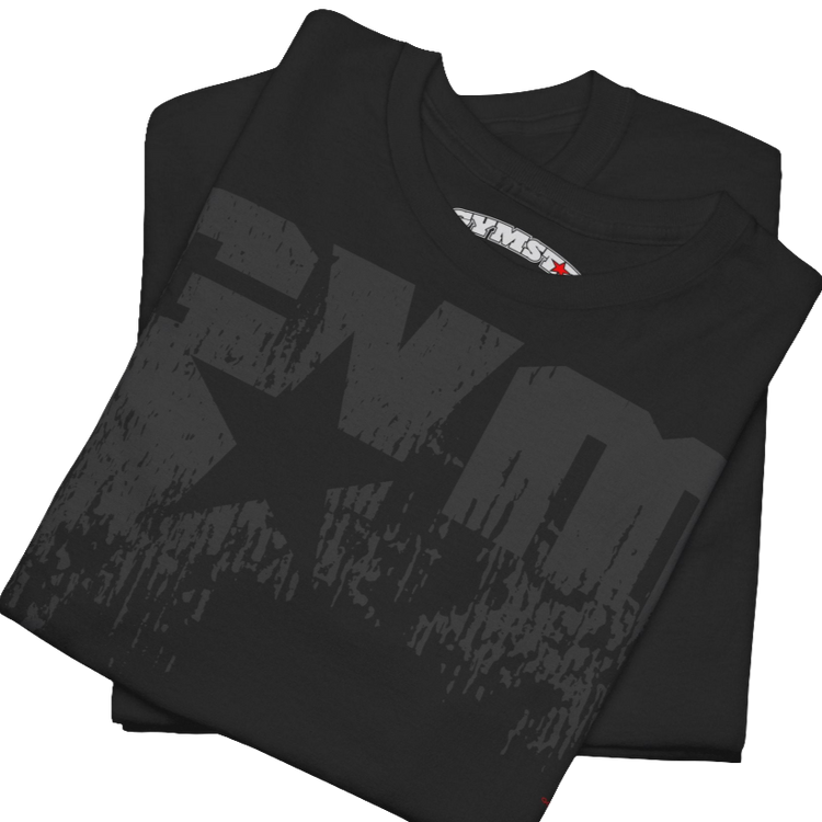 A black Gymstar t-shirt with the text 'GYM' printed on the front, along with graphics of a weightlifter and dumbbells. Close up front view.