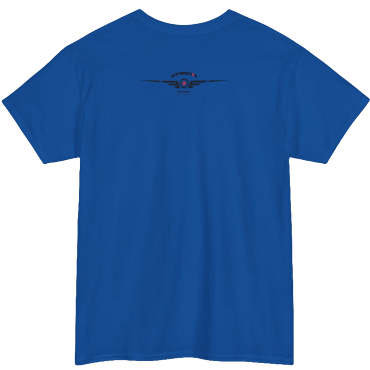 A blue Gymstar t-shirt with the text 'GYM' printed on the front, along with graphics of a weightlifter and dumbbells. Rear view.