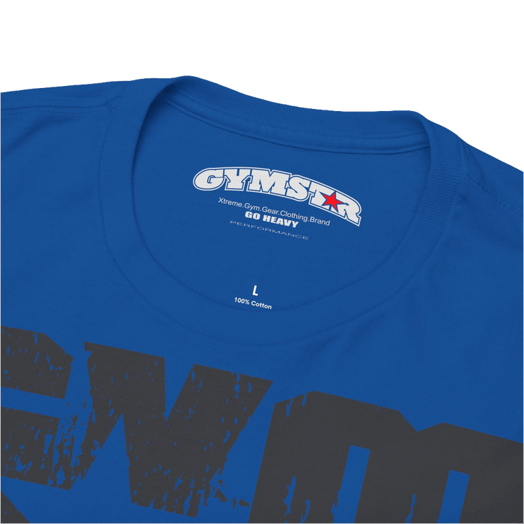 A blue Gymstar t-shirt with the text 'GYM' printed on the front, along with graphics of a weightlifter and dumbbells. Close up.