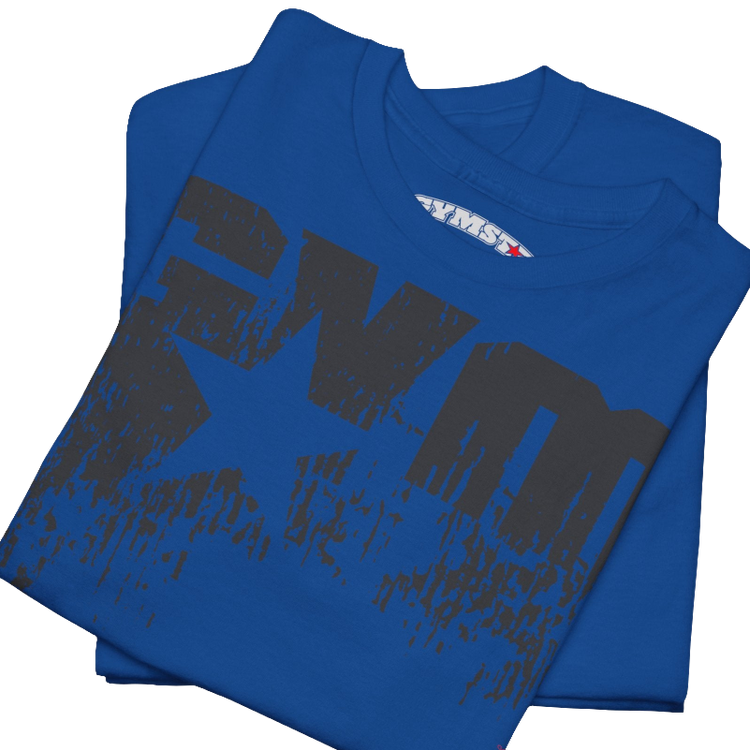 A blueGymstar t-shirt with the text 'GYM' printed on the front, along with graphics of a weightlifter and dumbbells.  Close up front view.