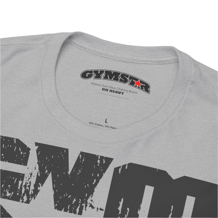 A silver grey Gymstar t-shirt with the text 'GYM' printed on the front, along with graphics of a weightlifter and dumbbells. Close up.