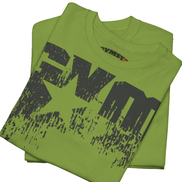 A kiwi Gymstar t-shirt with the text 'GYM' printed on the front, along with graphics of a weightlifter and dumbbells. Close up front view.