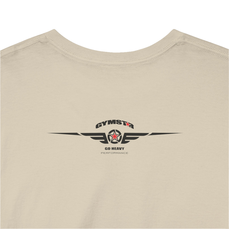 A beige Gymstar t-shirt with the text 'GYM' printed on the front, along with graphics of a weightlifter and dumbbells. Rear close up view.