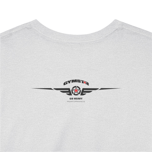 A silver grey Gymstar t-shirt with the text 'GYM' printed on the front, along with graphics of a weightlifter and dumbbells. Close up rare view.