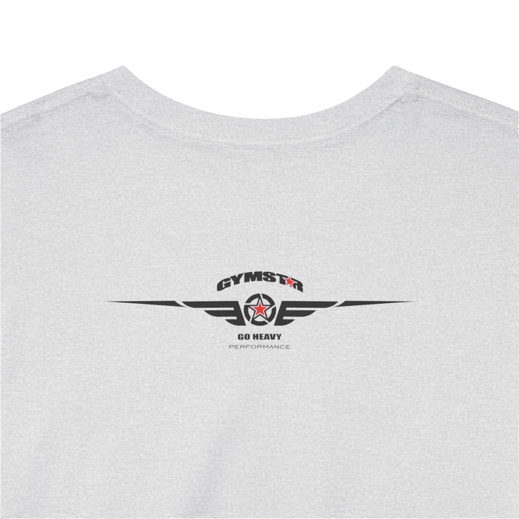 A silver grey Gymstar t-shirt with the text 'GYM' printed on the front, along with graphics of a weightlifter and dumbbells. Close up rare view.