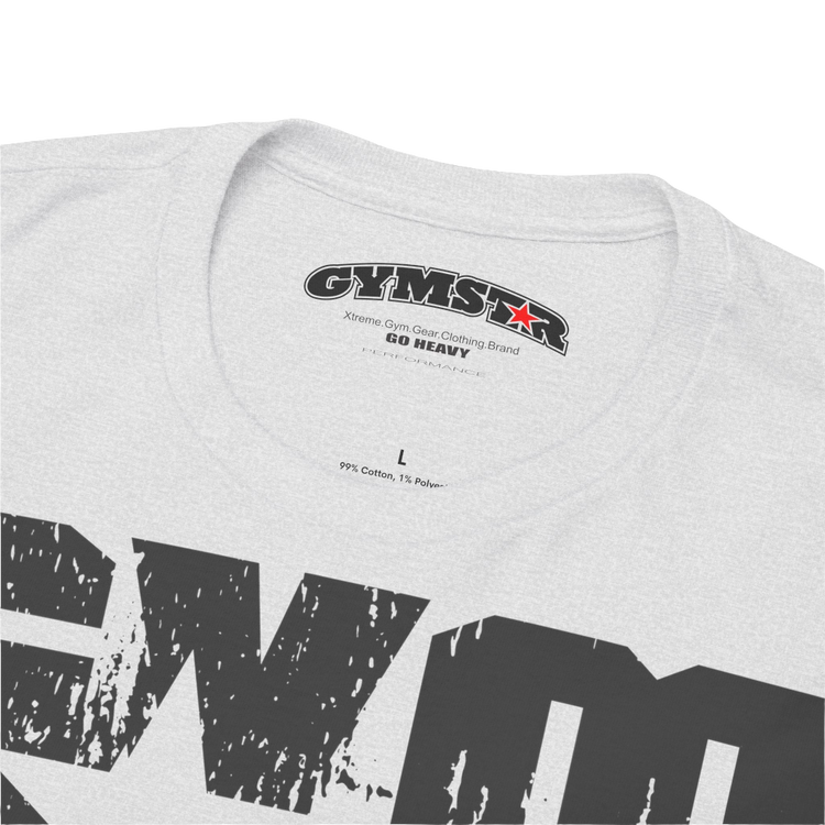 A silver grey Gymstar t-shirt with the text 'GYM' printed on the front, along with graphics of a weightlifter and dumbbells. Close up view.