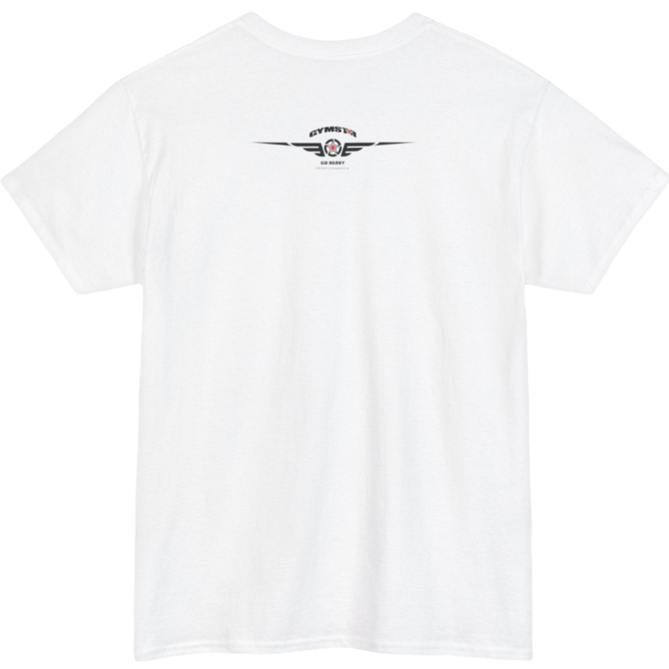 A white Gymstar t-shirt with the text 'GYM' printed on the front, along with graphics of a weightlifter and dumbbells. Rear view.