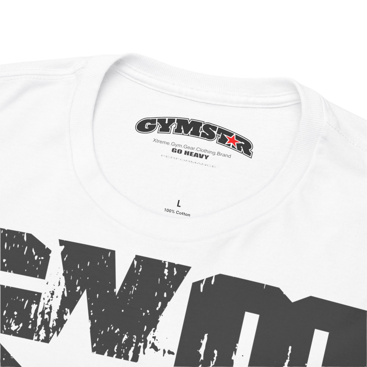 A white Gymstar t-shirt with the text 'GYM' printed on the front, along with graphics of a weightlifter and dumbbells. Close up.