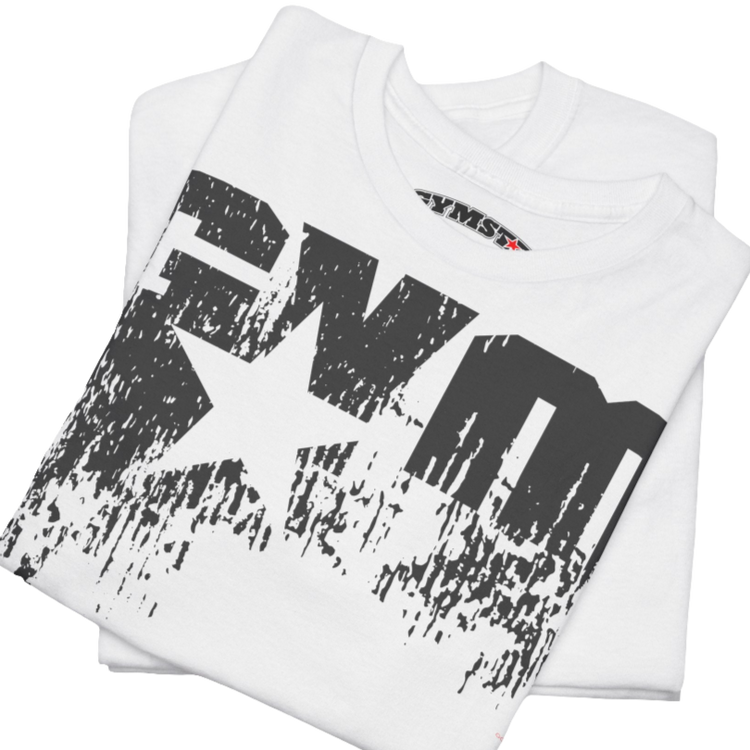 A white Gymstar t-shirt with the text 'GYM' printed on the front, along with graphics of a weightlifter and dumbbells. Close up front view.