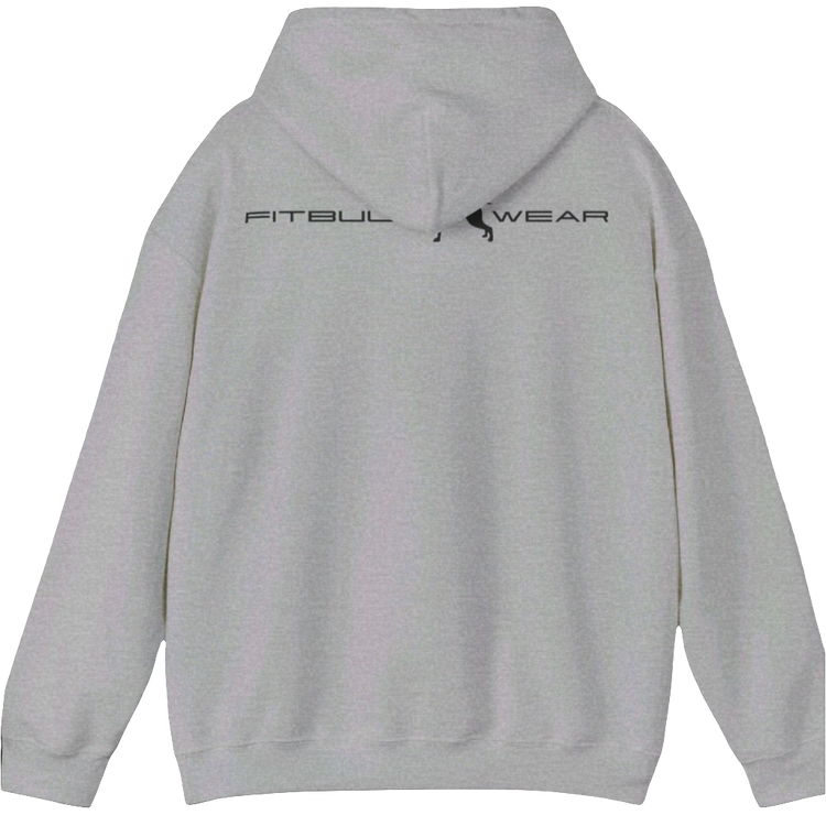 a grey, sporty hoodie for bodybuilding and fitness training of the brand Fitbull, branded with the company logo back view