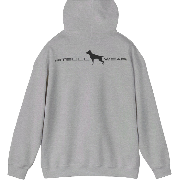 a grey, sporty hoodie for bodybuilding and fitness training of the brand Fitbull, branded with the company logo back view