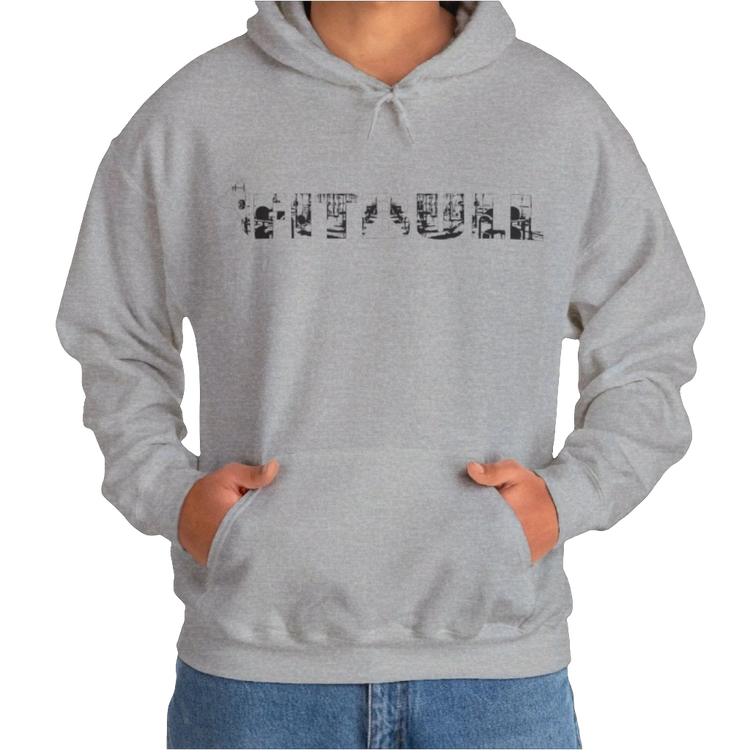 man wearing a grey, sporty hoodie for bodybuilding and fitness training of the brand Fitbull, branded with the company logo