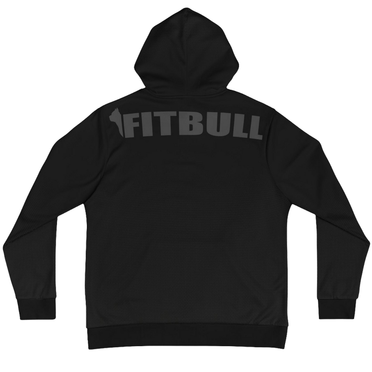 a Fitbull black hoodie with motivation Unleash The Beast print ung logo back side view