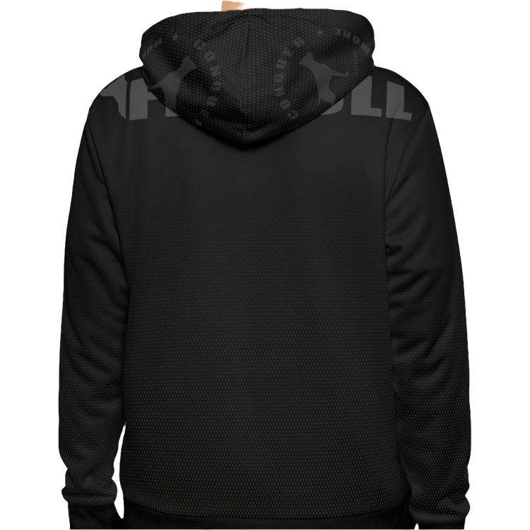 a Fitbull black hoodie with motivation Unleash The Beast print back side close up view