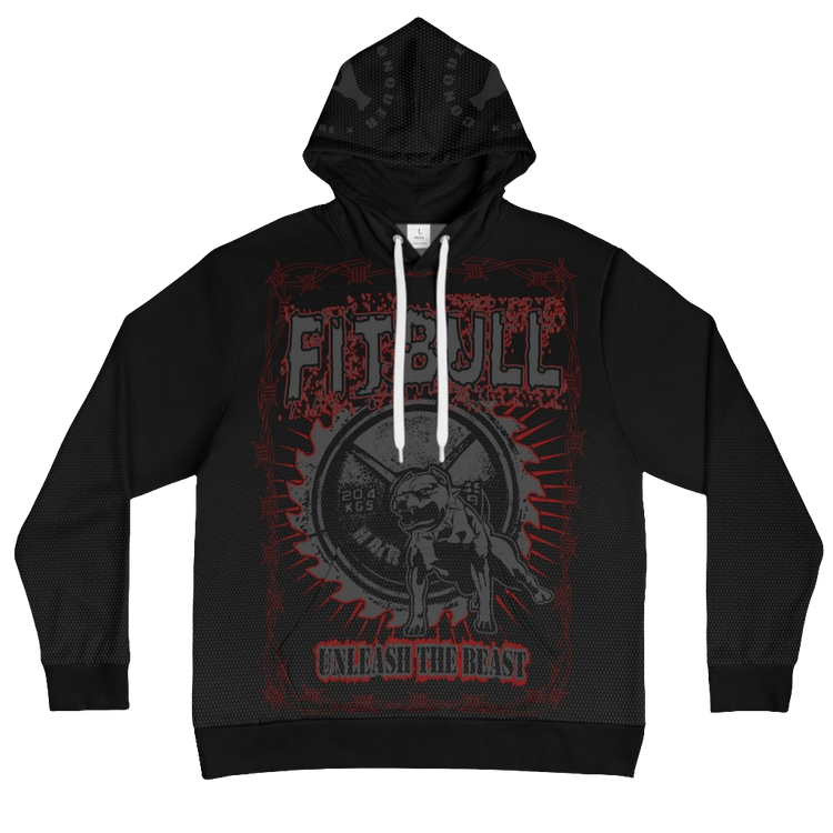 a Fitbull black hoodie with motivation Unleash The Beast print front view