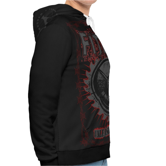 a Fitbull black hoodie with motivation Unleash The Beast print left side close up view