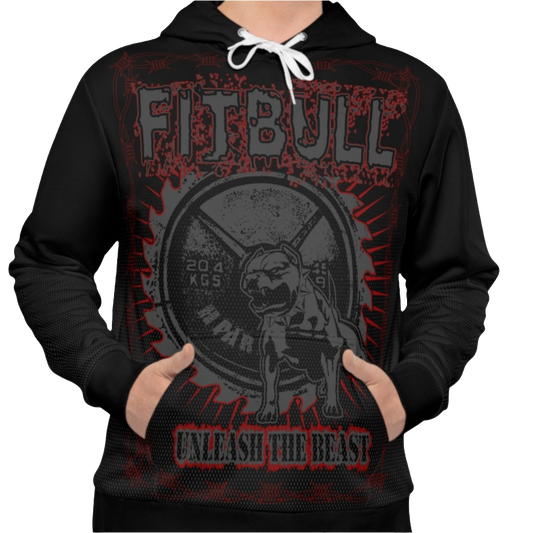 a Fitbull black hoodie with motivation Unleash The Beast print front close up view