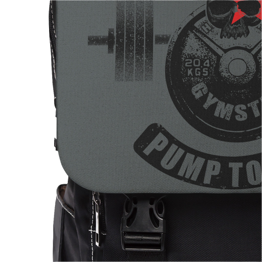 Gymstar backpack, Born to Pump, Pump to Live, branded with the company logo and a motivating fitness print, close up view.
