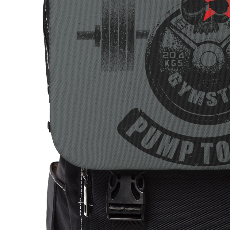 Gymstar backpack, Born to Pump, Pump to Live, branded with the company logo and a motivating fitness print, close up view.