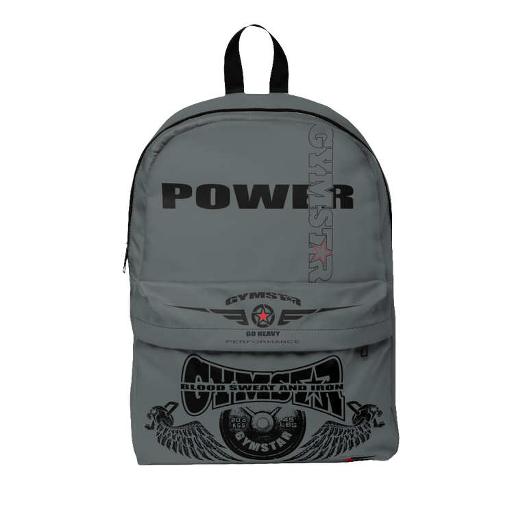 A gray Gymstar Blood Sweat and Iron backpack with multiple compartments and the brand's logo printed on the front, featuring the text 'POWER'.