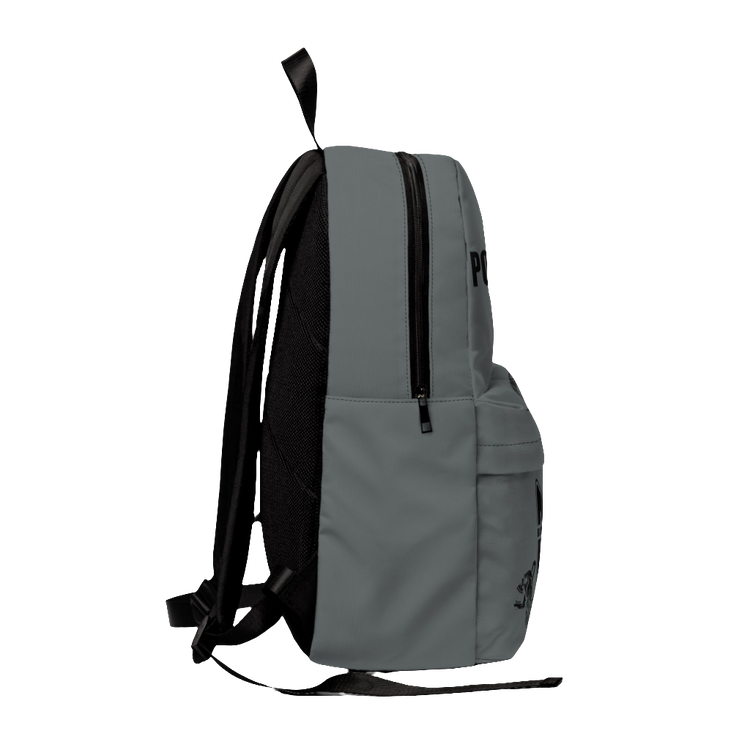 A gray Gymstar Blood Sweat and Iron backpack with multiple compartments and the brand's logo printed on the front, featuring the text 'POWER'.